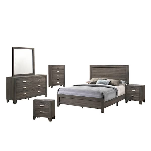 Best Quality Furniture Anastasia 6 Piece Gray Eastern King Panel Bedroom Set