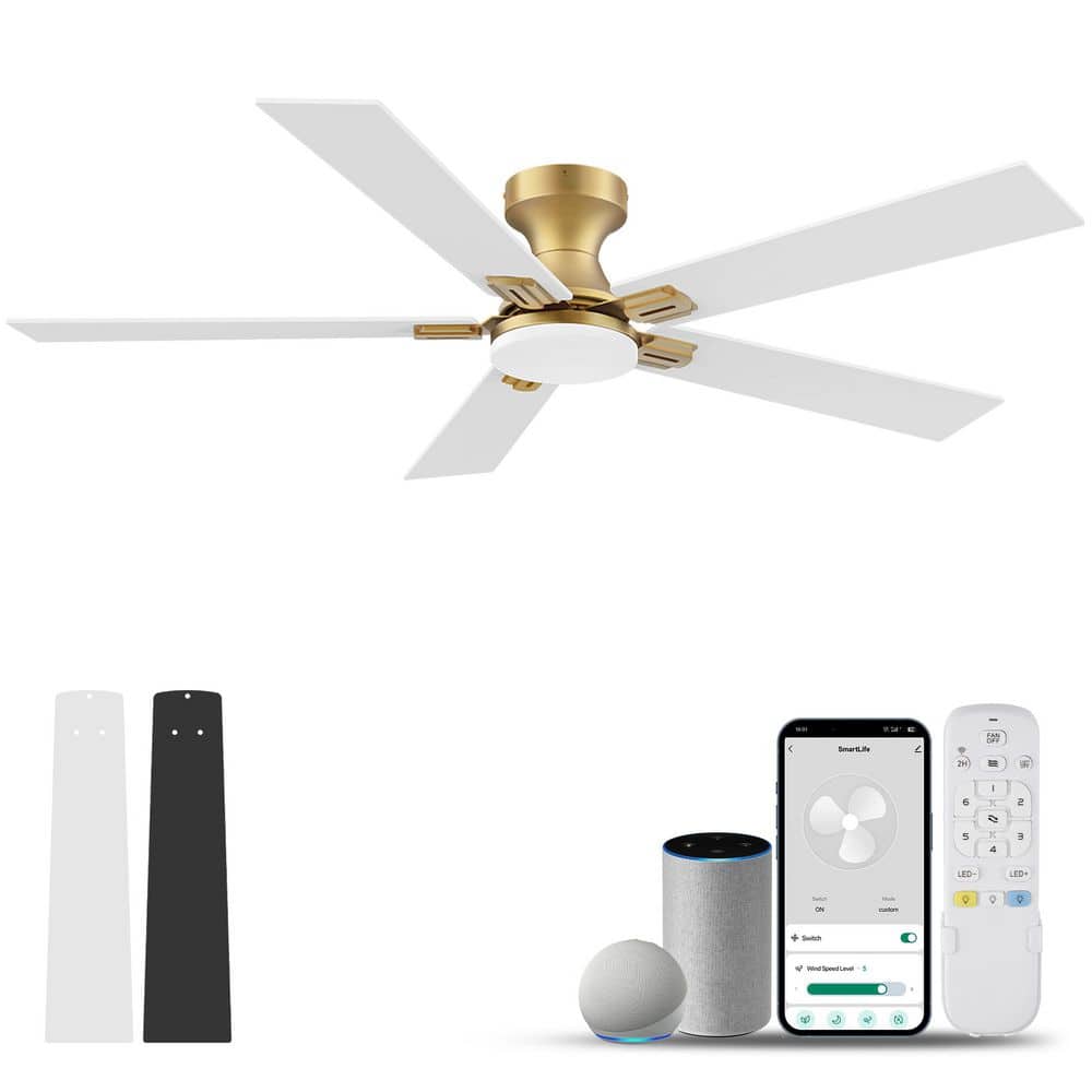 52 in.Smart Outdoor Indoor Gold White Flush Mount Ceiling Fan with LED Lights, Remote,Voice Control Via Alexa, Dimmable