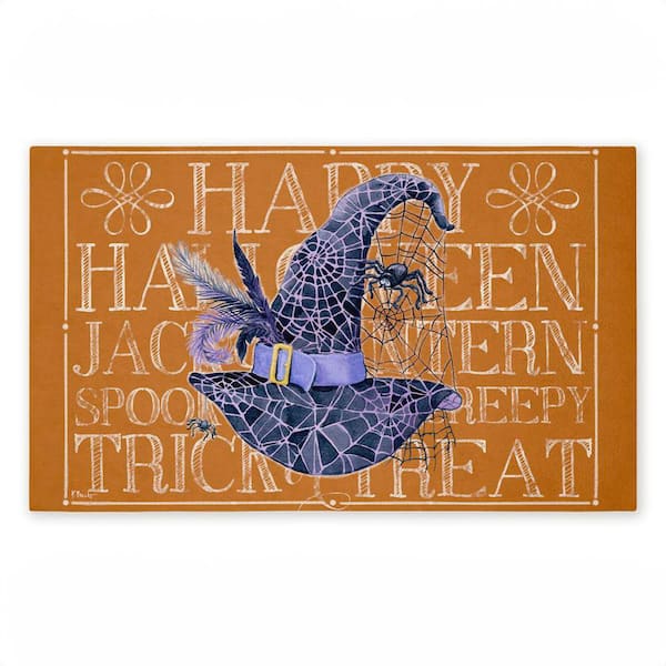Witchy Hat and Spooky Phrases Orange 18 in. x 30 in. Polyester Non-Slip Outdoor Door Mat