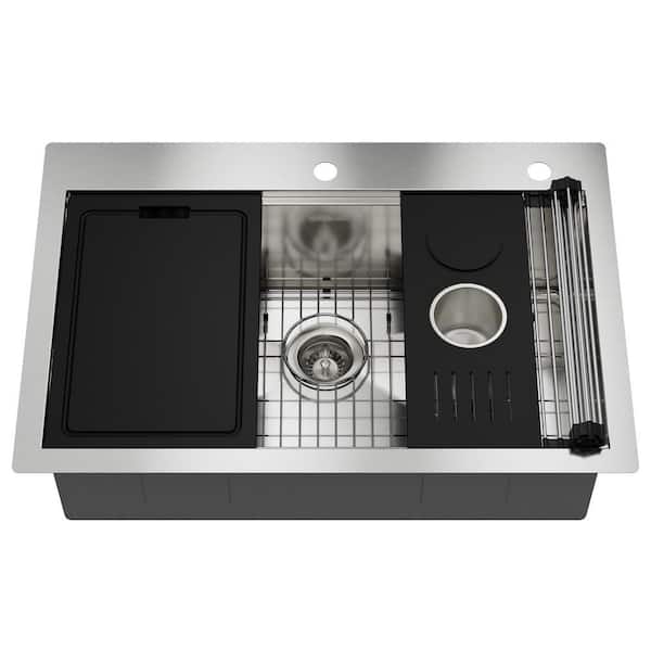 33 in. Drop-In Single Bowl Brushed Stainless Steel Kitchen Sink with Cutting Board, Rolling Drying Rack and Colander