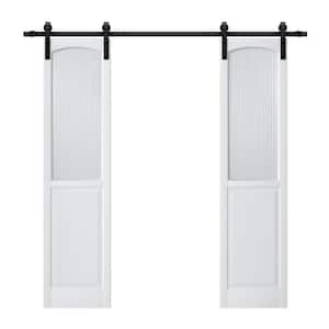 42 in. x 84 in. Half Lite Moru Glass and White MDF Prefinished Double Sliding Barn Door Slab with Hardware Kit