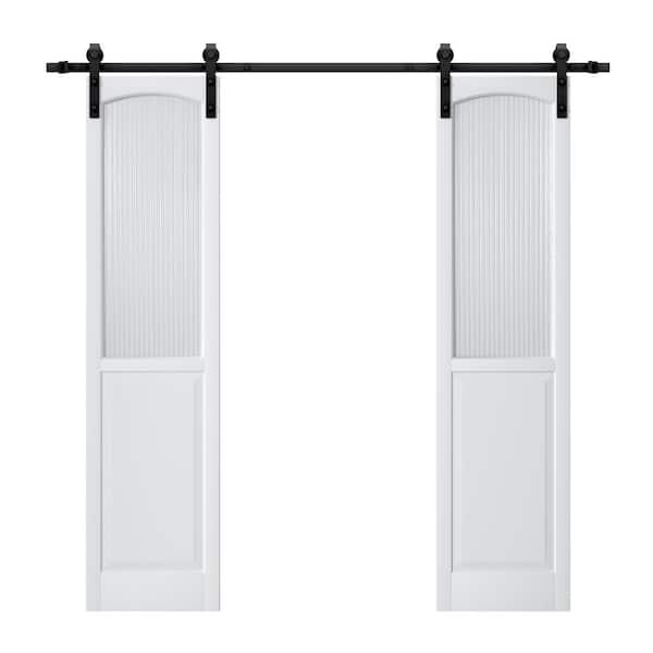 42 in. x 84 in. Half Lite Moru Glass and White MDF Prefinished Double Sliding Barn Door Slab with Hardware Kit