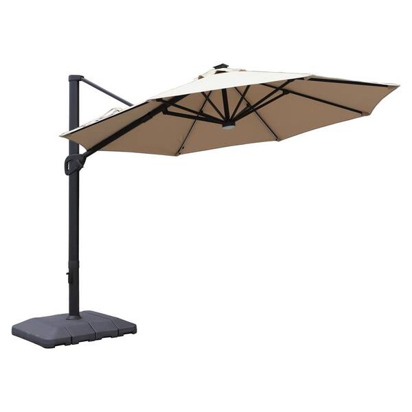 Kadehome 11 ft. Aluminum Pole Outdoor Cantilever Patio Umbrella in Beige with Solar LED Light, Crank and Base
