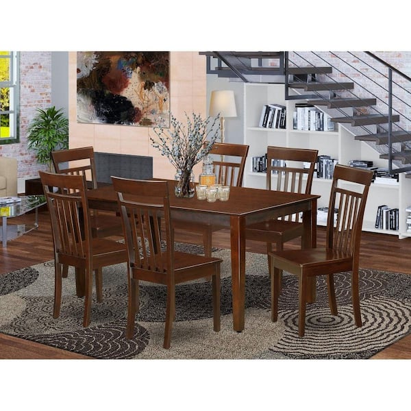 7-Piece Rectangle Mahogany Finish Solid Wood Top Dining Table with 6 Slat Back Dining Chairs, Seats 6