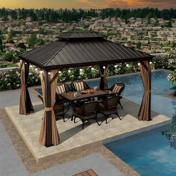 PURPLE LEAF 13 ft. x 13 ft. Bronze Patio Outdoor Gazebo for Backyard Hardtop Aluminum Frame Hooks, Netting, Khaki Curtain, 24-Lights