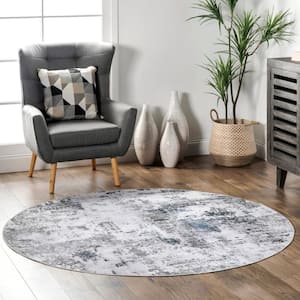 Dali Machine Washable Modern Abstract Gray 6 ft. x 6 ft. Indoor Round Area Rug