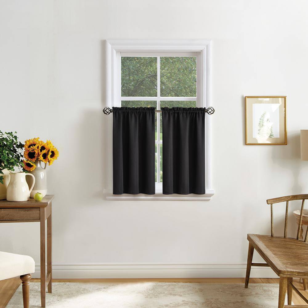 Black Polyester Light-Filtering Rod Pocket Kitchen Tier Curtains