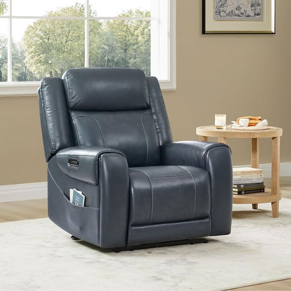 Rhea Dual Motors Navy Genuine Leather Wall Hugger Power Recliner with Cup Holders, Side Pockets, USB&Type-C Ports