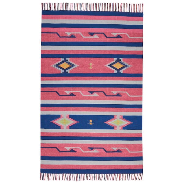 5 ft. x 7 ft. Pink and Blue Southwestern Handmade Area Rug with Fringe