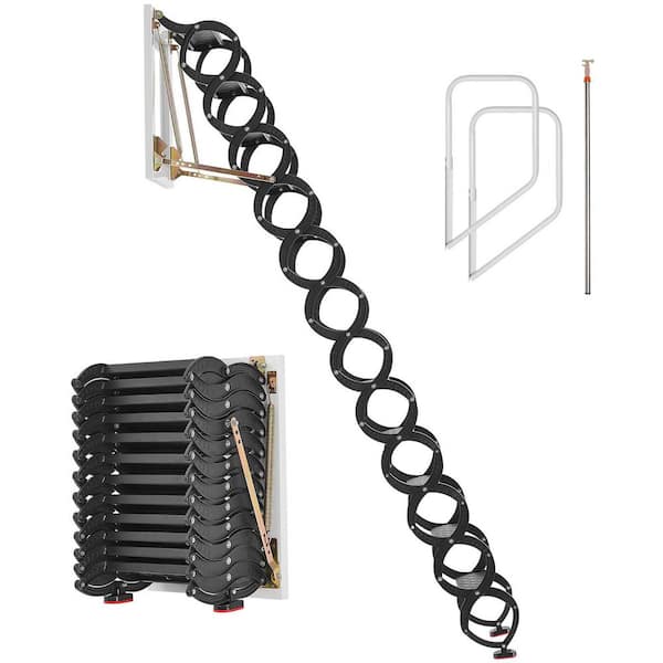 SKYSHALO 660 lb. Capacity Wall-Mounted Attic Ladder, 12-Step Steel Folding Stairs with Handrails, Fits 9.5-10 ft. Ceilings