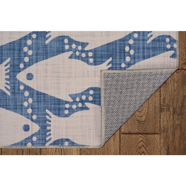 Washable Sterling Ivory and Blue 2 ft. x 8 ft. Coastal Fish Polyester Runner Rug