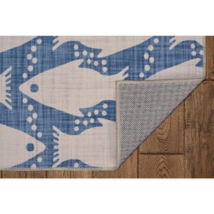 Washable Sterling Ivory and Blue 3 ft. x 5 ft. Coastal Fish Polyester Area Rug
