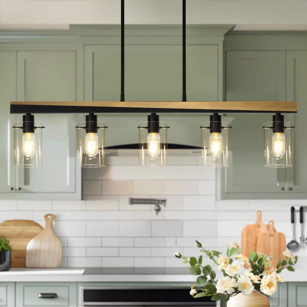 Modern 5-Light Black and Plated Brass Chandelier Kitchen Island Light with Cylinder Clear Glass Shades for Dining Room price history on PriceWatchPro