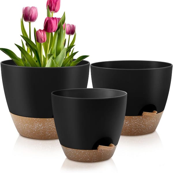 3-Piece Self-Watering Plant Pot Set (12,10,9 Inch) with Saucers-Plastic Planter with Drainage Holes in Black