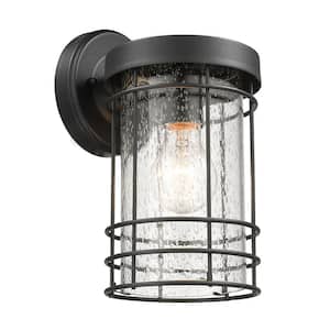 Charlton 1-Light Transitional Textured Black Cage Outdoor Wall Lantern Sconce with Seedy Glass