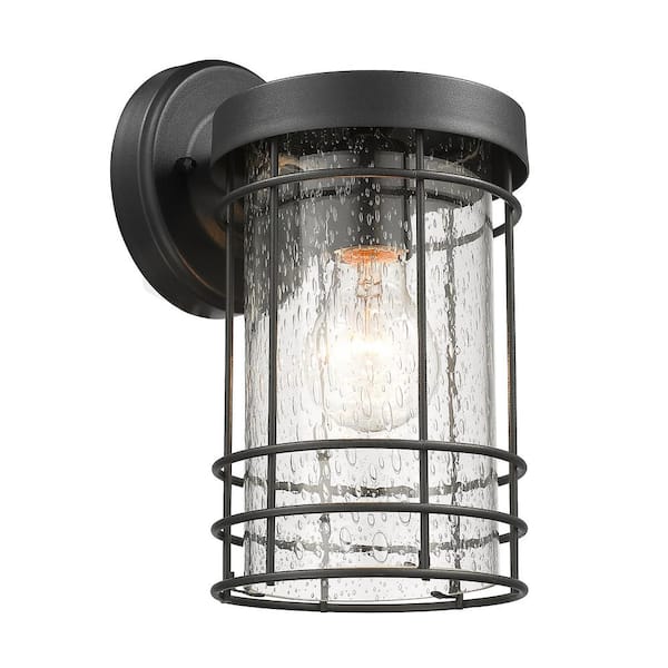 Edvivi Charlton 1-Light Transitional Textured Black Cage Outdoor Wall Lantern Sconce with Seedy Glass