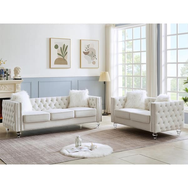DESwan 83 in. Square Arm Polyester Rectangle Sofa Set in Beigewhite with Loveseat