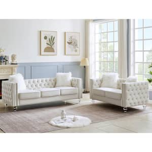 83 in. Square Arm Polyester Rectangle Sofa Set in Beigewhite with Loveseat