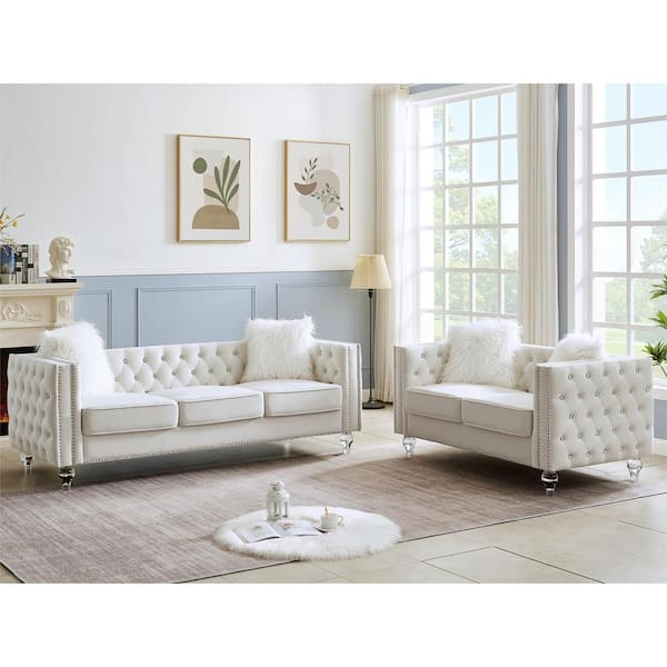KINWELL 83 in. Square Arm Polyester Rectangle Sofa Set in Beigewhite with Loveseat