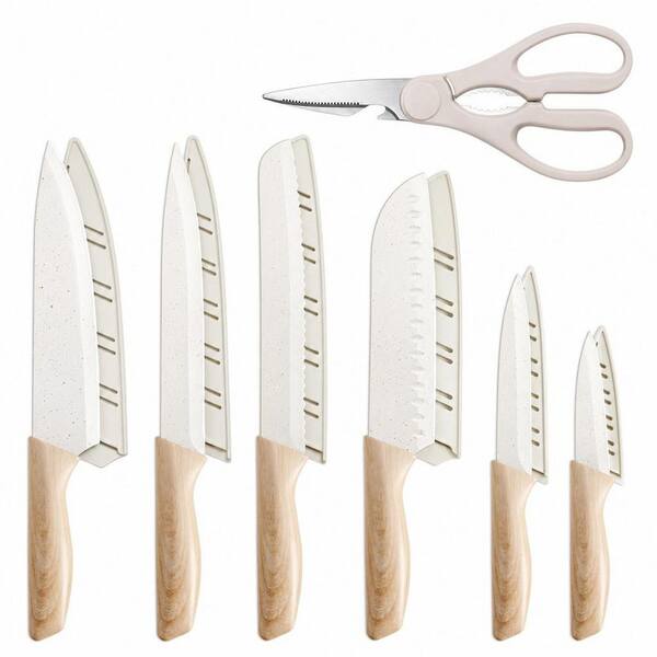 13-Piece Stainless Steel Knife Set with Ceramic Coating and 6 Blade Guards, Dishwasher Safe Knives with Wooden Handle