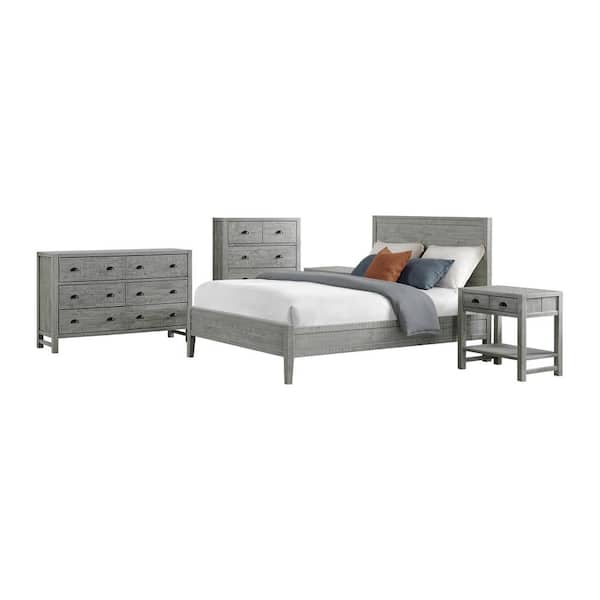 Alaterre Furniture Arden 5-Piece Wood Bedroom Set with Queen Bed, Two 2- Nightstands w/open shelf, 5-Drawer Chest, 6-Drawer Dresser, Gray