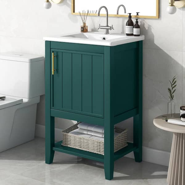 Nestfair 20 in. W x 15 in. D x 33 in. H Freestanding Bath Vanity in Green with White Ceramic Top