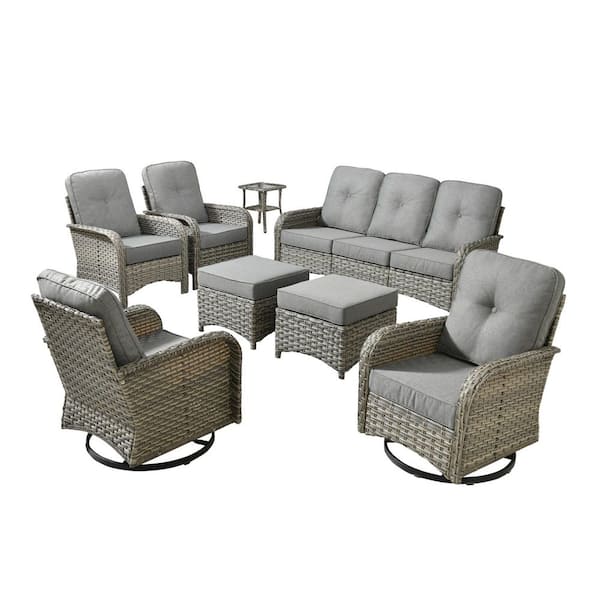Beverly Gray 8-Piece Wicker Patio Conversation Sofa Swivel Lounge Chairs Set with Ottomans and Dark Gray Cushions