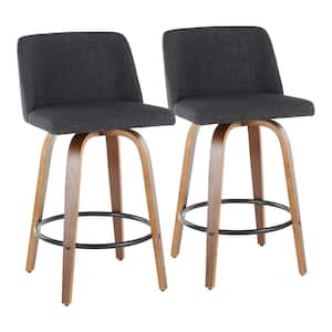 Toriano 26 in. Walnut and Charcoal Fabric Counter Stool with Round Black Footrest (Set of 2)