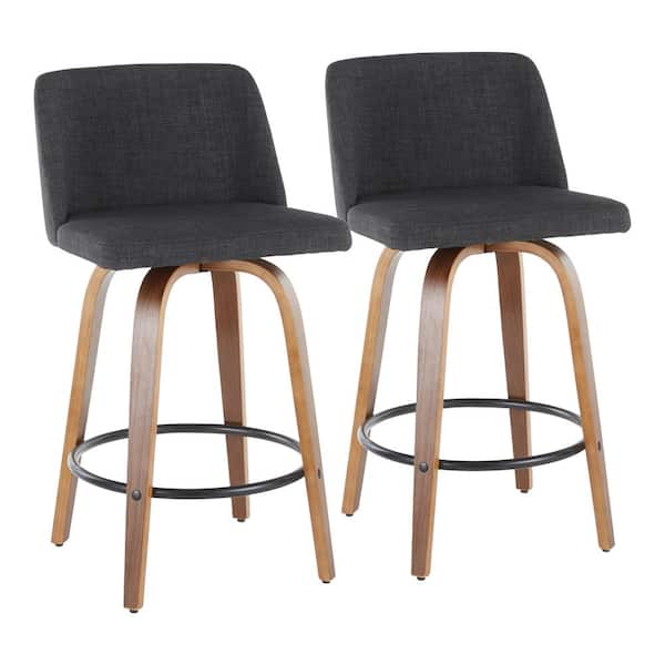 Lumisource Toriano 26 in. Walnut and Charcoal Fabric Counter Stool with Round Black Footrest (Set of 2)