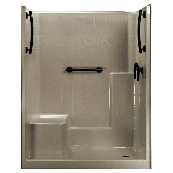 Ella 60 in. x 33 in. x 77 in. 1-Piece Low Threshold Shower Stall in Cotton Seed, Grab Bars, L-Seat, Right Drain