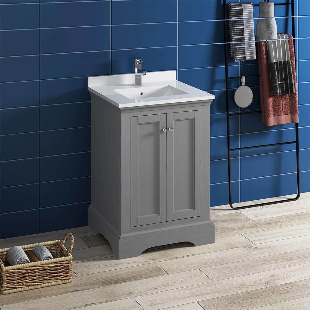 Elegant Grey 24" Solid Wood Freestanding Bathroom Vanity with Quartz Top