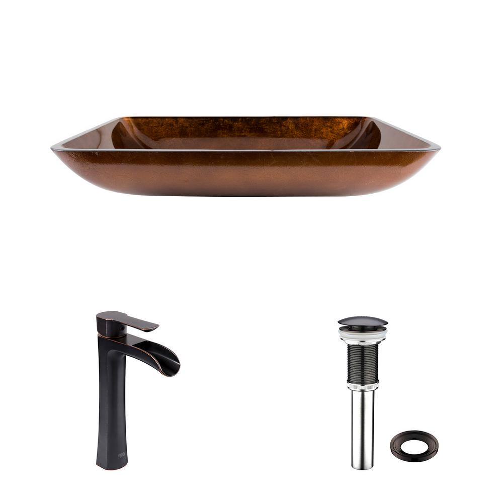 Russet Brown Tempered Glass Vessel Bathroom Sink with Antique Bronze Faucet