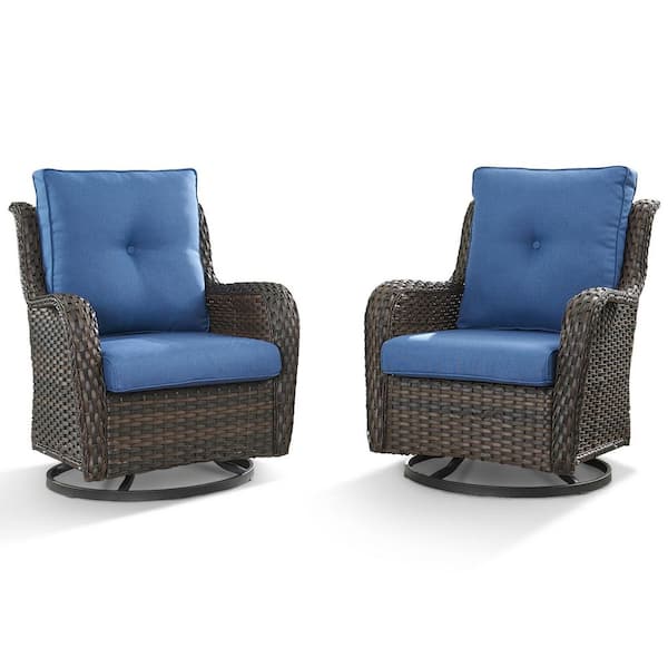2-Piece Brown Wicker Patio Conversation Set Outdoor Rocking Chair with Blue Cushions