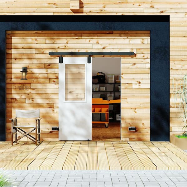 32 in. x 80 in. 1-Lite, Clear Glass, White Primed, Composite, Exterior Sliding Barn Door with Hardware Kit