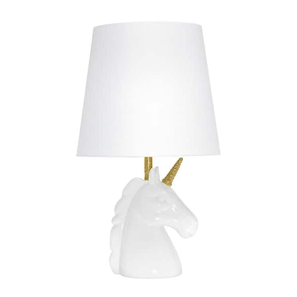 Simple Designs 15.5 in. White and Gold Glitter Sparkling Unicorn Table Lamp
