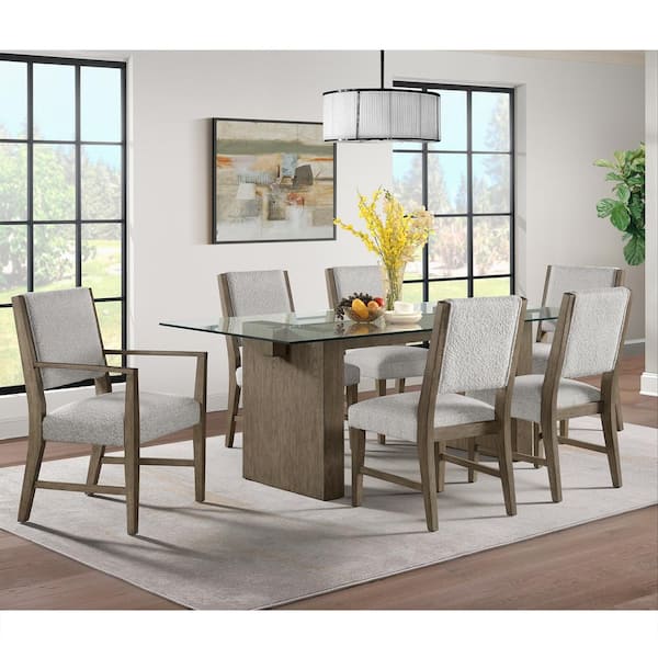 Picket House Furnishings Bassett Oak Wood Light Grey Boucle Fabric Dining Arm Chair (2 Per Carton)