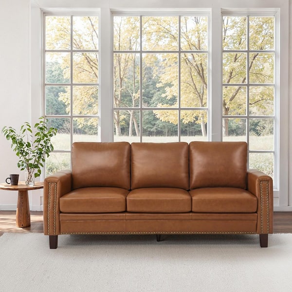 84 in. Genuine Leather Couch Square Arms 3-Seat Sofa in Cognac Color with Sturdy Wood Legs and Nailhead Trim