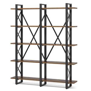 Earlimart 70.9 in. Brown Wood Double Wide 5-Tier Bookcase, Etagere Large Open Bookshelf Furniture for Home Office