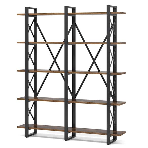 Brown Wood Double Wide 5 Tier Bookcase, Double Wide Wood Bookcases
