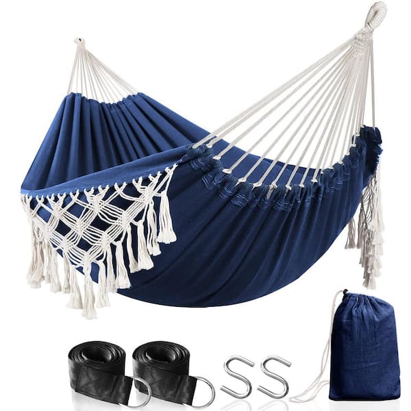 Unbranded 7 ft. Sturdy and Comfortable Non-Fading Cotton Fabric Hammock in Dark Blue with Elegant Deluxe Tassels Easy to Assemble
