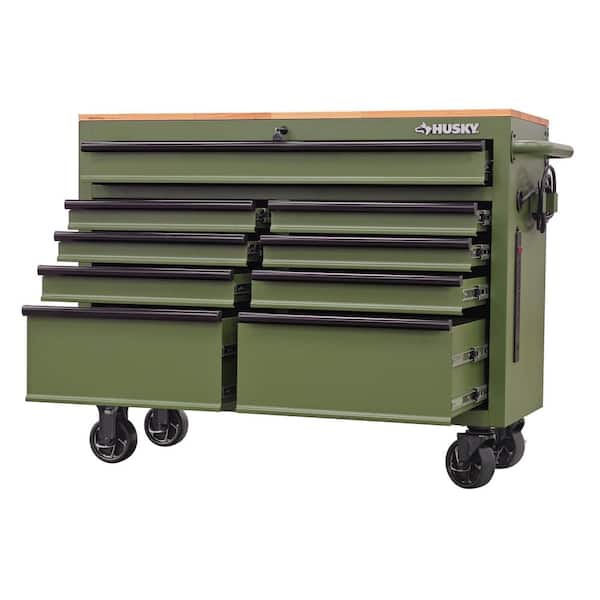 46 in. W x 18.1 in. D 9-Drawer Army Green Mobile Workbench Cabinet with Solid Wood Top