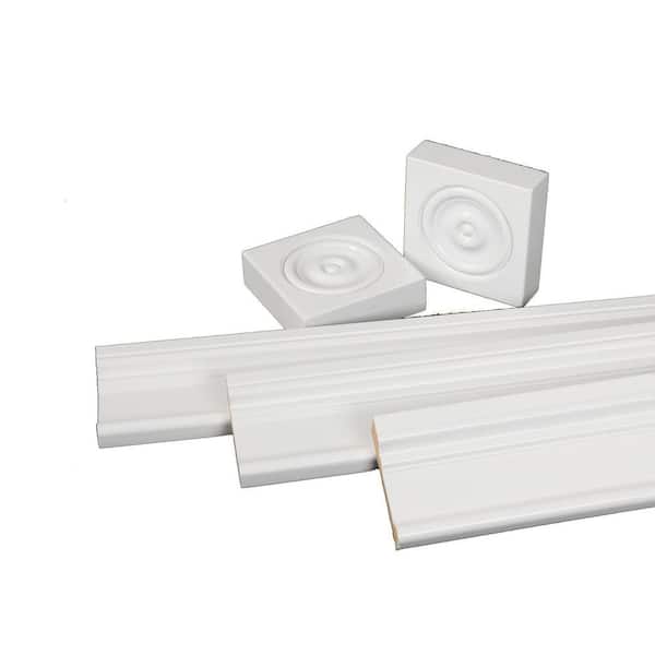 Alexandria Moulding 11/16 in. x 2-1/2 in. Primed Finger-Jointed Pine Wood Casing Moulding Set with Rosettes (5-Pack)