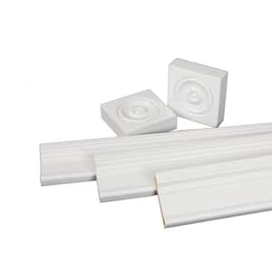 11/16 in. x 2-1/2 in. Primed Finger-Jointed Pine Wood Casing Moulding Set with Rosettes (5-Pack)