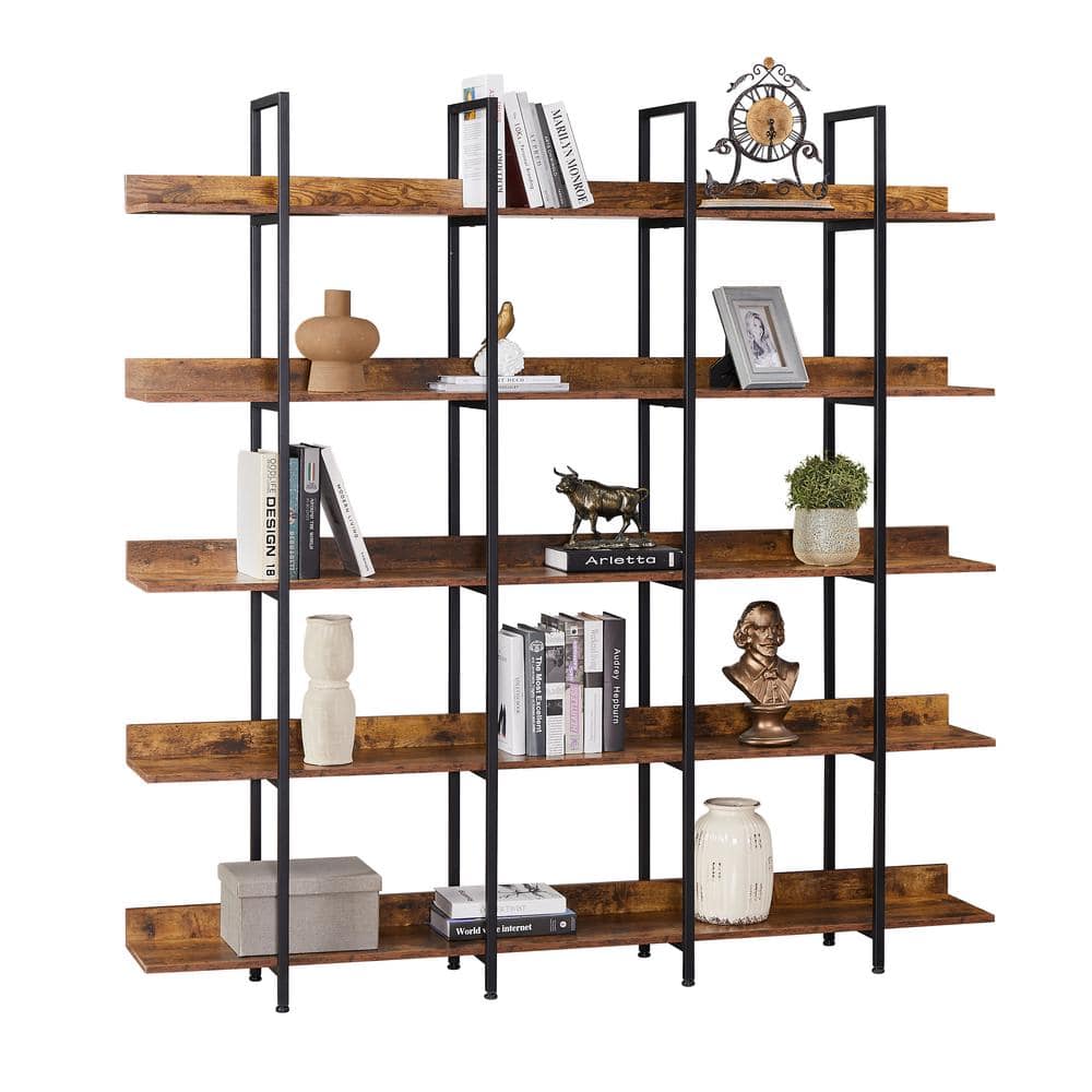 Mid Century 70.9 in. Wide Rustic Brown Black Frame 5-Tier Shelves Accent Bo