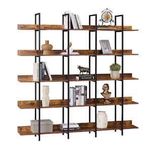 Mid Century 70.9 in. Wide Rustic Brown Black Frame 5-Tier Shelves Accent Bookcase Display Shelf Bookshelf with Open Back