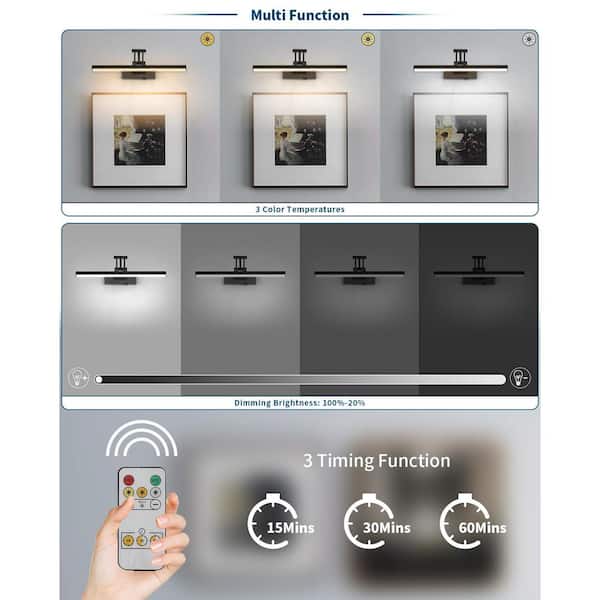 Matte Black 16 in. LED Picture Light with Remote Control Dimmable and Swivel