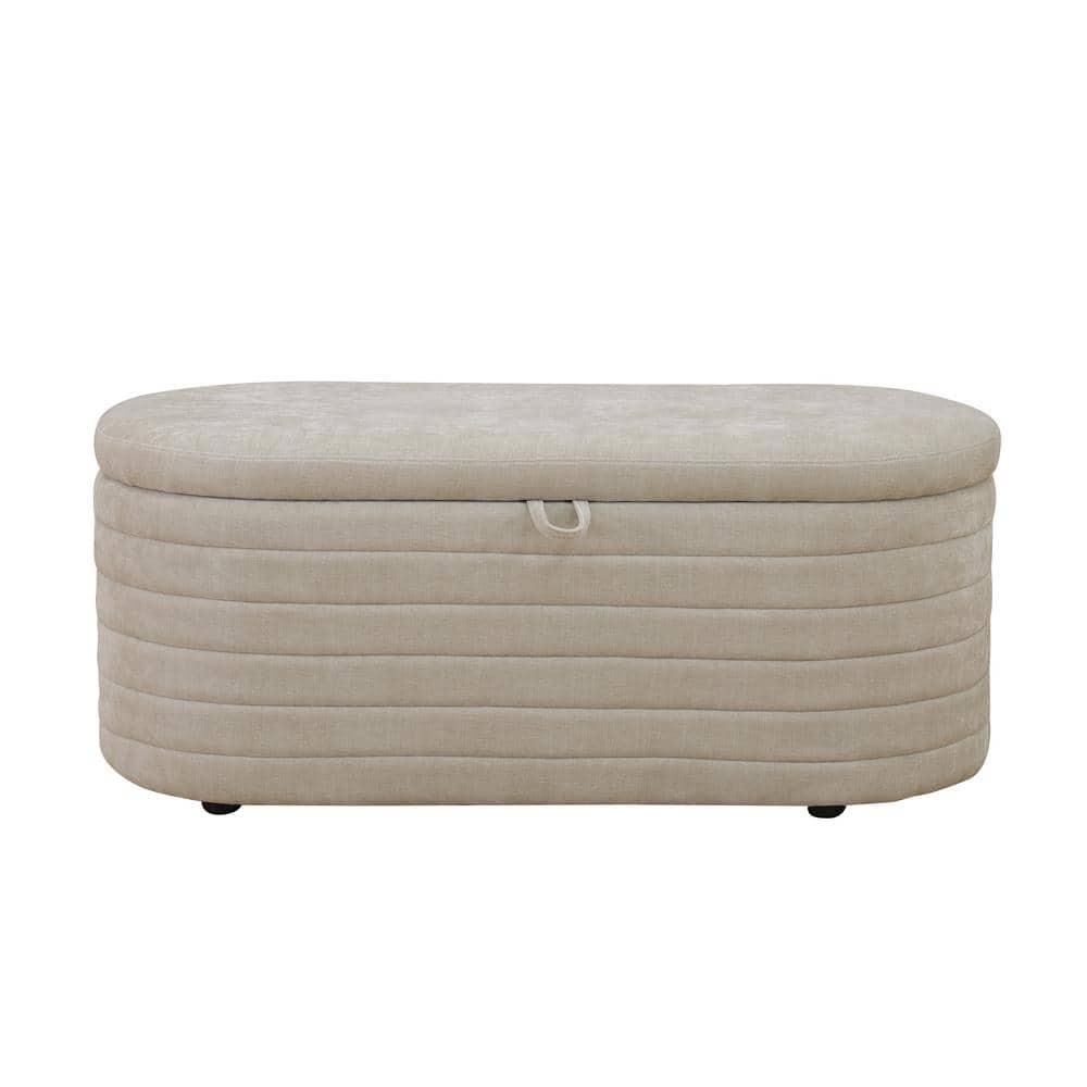 Light Tan Chenille Oval Ottoman with Storage