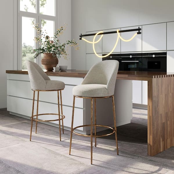 ZUO Nordhavn 31.5 in. Solid Back Beige & Gold Plywood Frame Swivel Barstool with 100% Polyester Seat