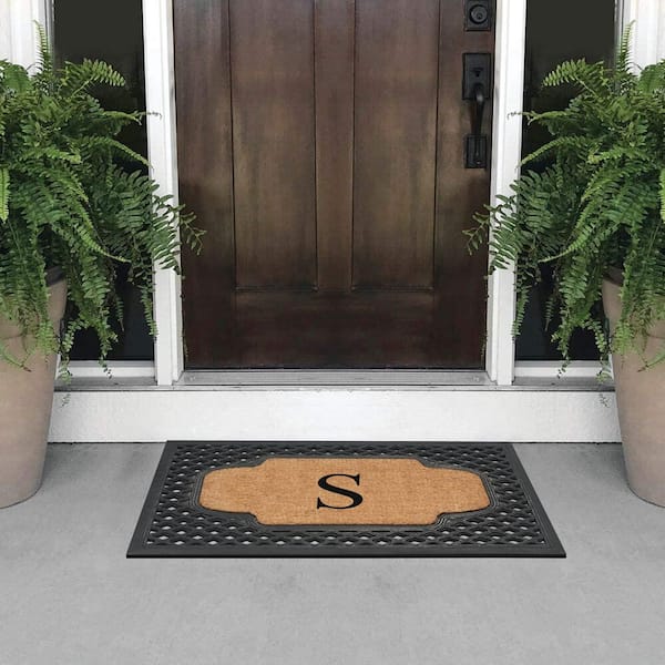 A1 Home Collections A1hc Mesh Border Black 23 in. x 38 in. Rubber and Coir Heavy-Weight Outdoor Durable Monogrammed J Door Mat