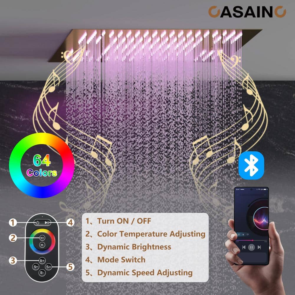 Brushed Gold Large LED Rainfall Shower System with Handheld and Music